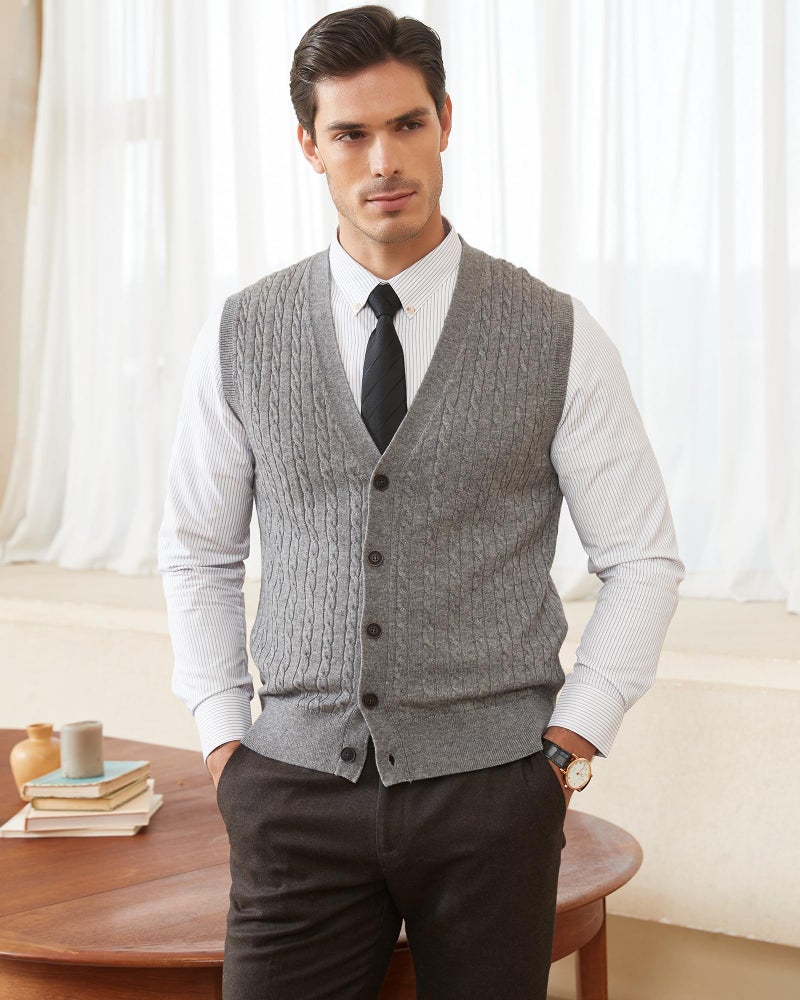 Kallspin Men's Cable Knit Sweater Vest Wool Blend V Neck Button Down Sleeveless Cardigan Vest(Light Grey, 2X-Large) - Image 2